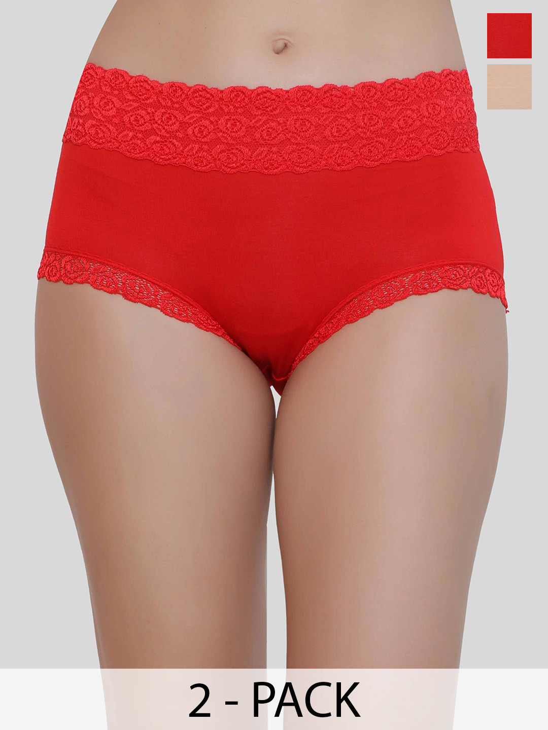 Glamoras Pack of 2 Mid-Rise Seamless Lace Trim Hipster Briefs