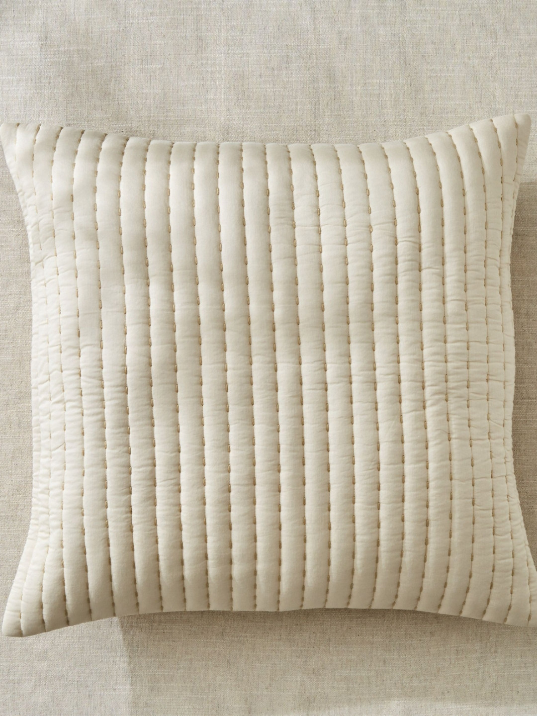 Home Centre Ashville Beige Embroidered Cotton Quilted Square Cushion Cover -24.4x24.4In