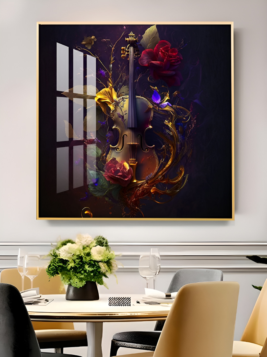 THE NEXT DECOR Black & Blue Violin & Rose Composition Glass Finish Square Wall Art