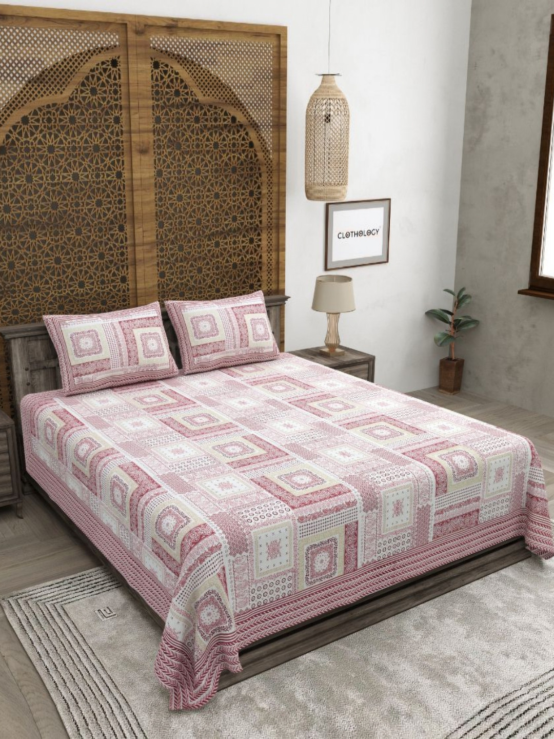CLOTHOLOGY Jaipuri Prints Pink Geometric Cotton 180 TC King Fine Bedsheet with 2 Pillow Covers-275 x 225 cm