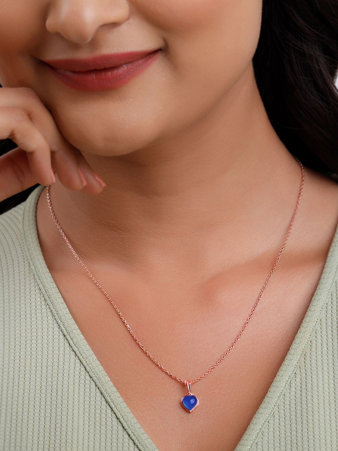 GIVA 925 Silver Rose Gold Heart Aquamarine Zircon Pendant with Link Chain