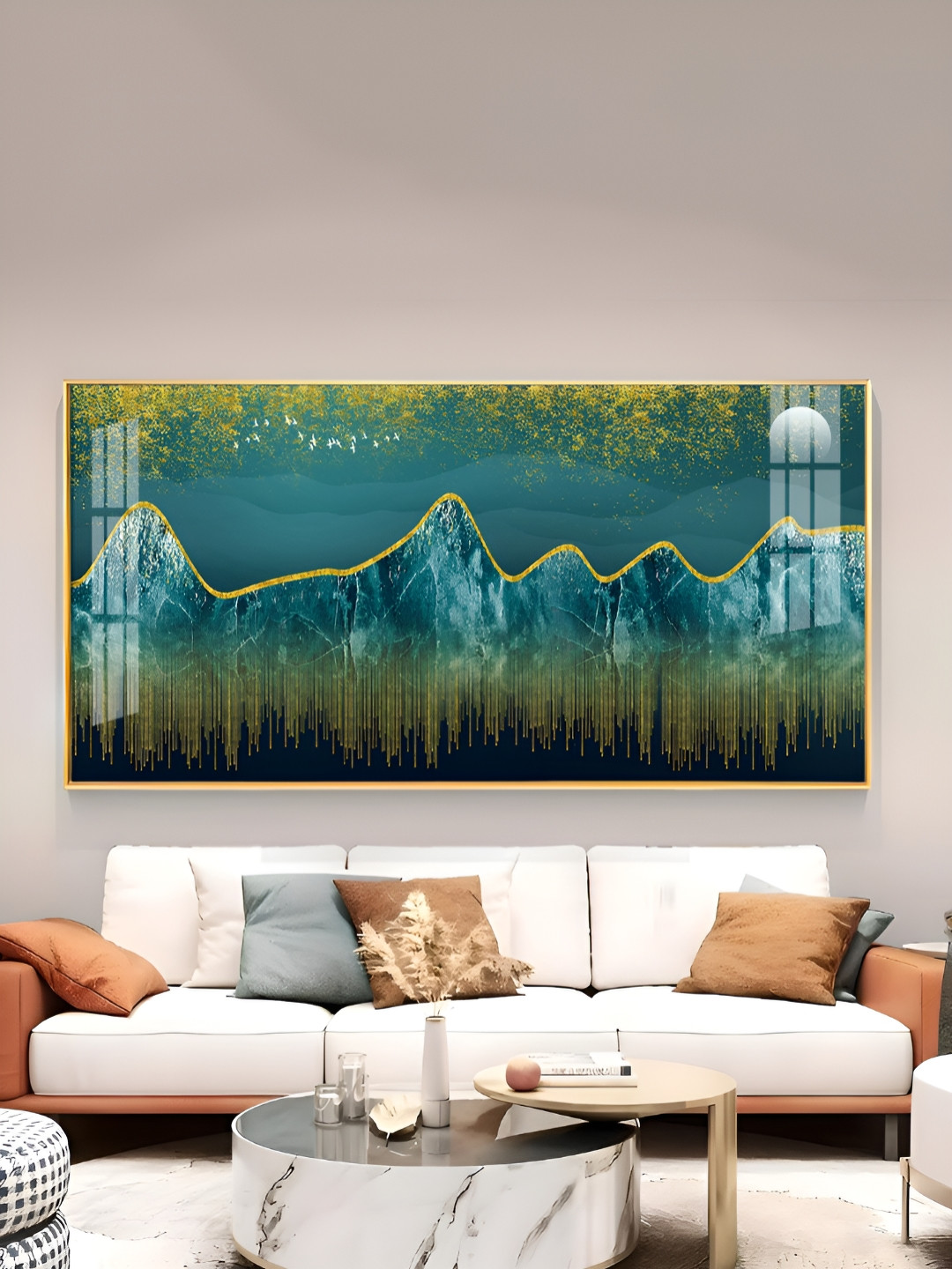 THE NEXT DECOR White & Blue Dark Turquoise Mountains Glass Finish Horizontal Wall Art