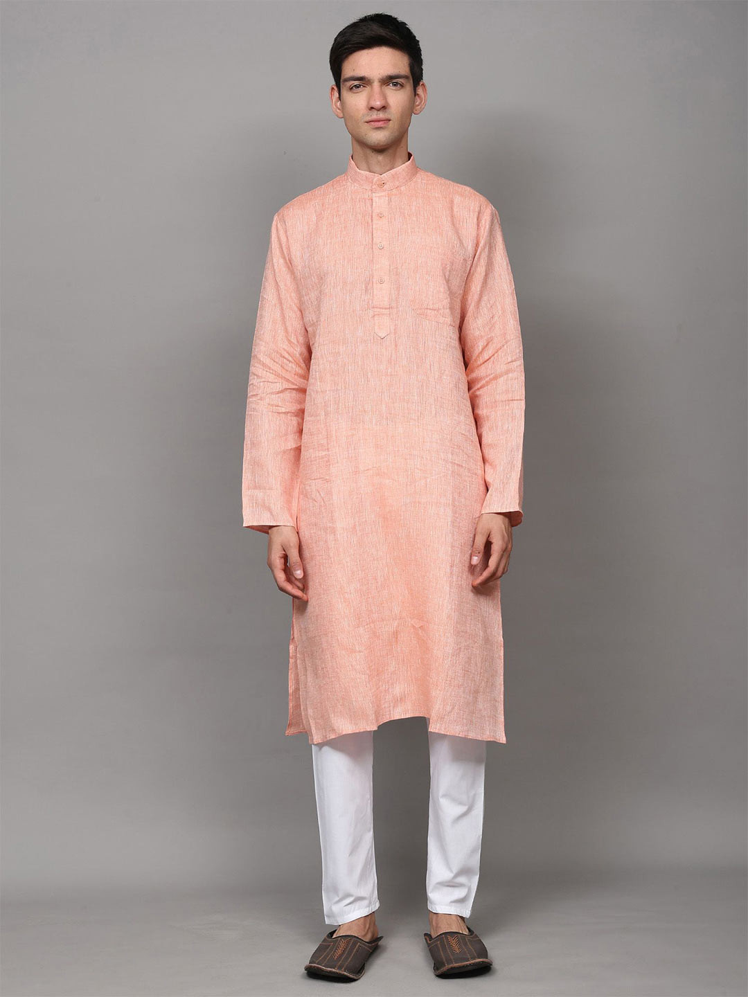 Exotic India Men Plain Pure Linen Kurta with White Pajama Set