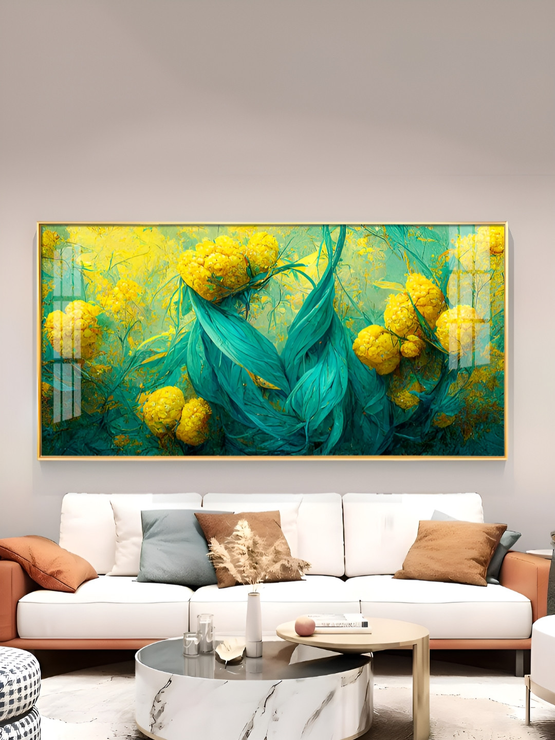 THE NEXT DECOR Yellow & Green Floral Pattern Glass Finish Horizontal Wall Art