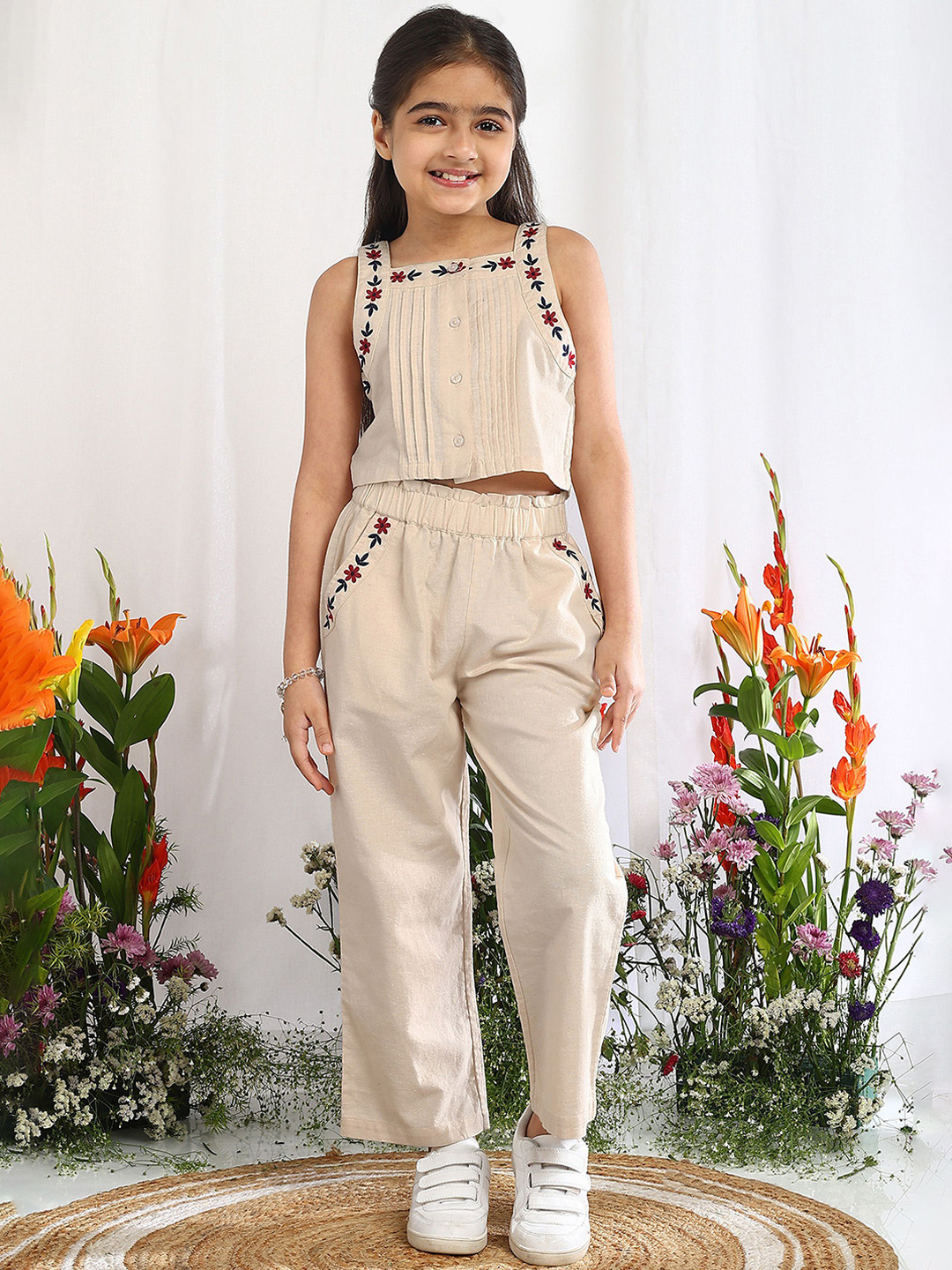 The Tribe Kids Girls Embroidered Crop Top with Trousers