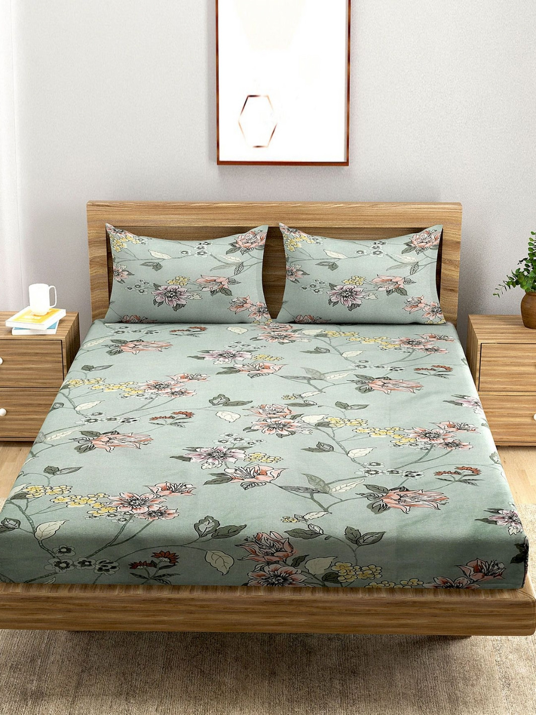 A Homes Grace Green Floral Microfiber Skin-Friendly 144 TC Fitted Queen Bedsheet with 2 Pillow Covers-78 x 72 inches