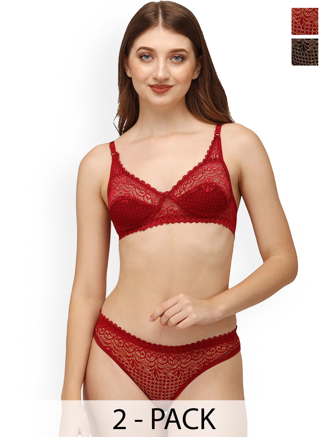 DHANDAI FASHION 2-Pcs Self Design Lingerie Sets Decent Set-Black Maroon (M-1-2P)