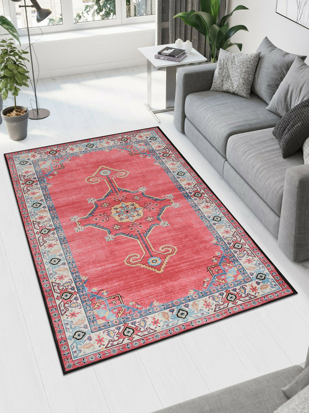 MAA HOME CONCEPT Pink Ethnic Motifs Anti-Skid Woollen Carpet