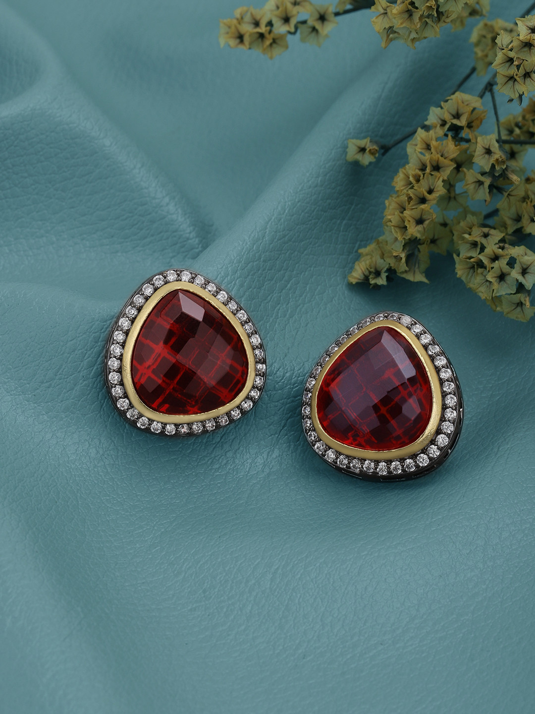Carlton London Gold Plated with CZ & Red Ruby Stone Oxidised Bold Stud Earring