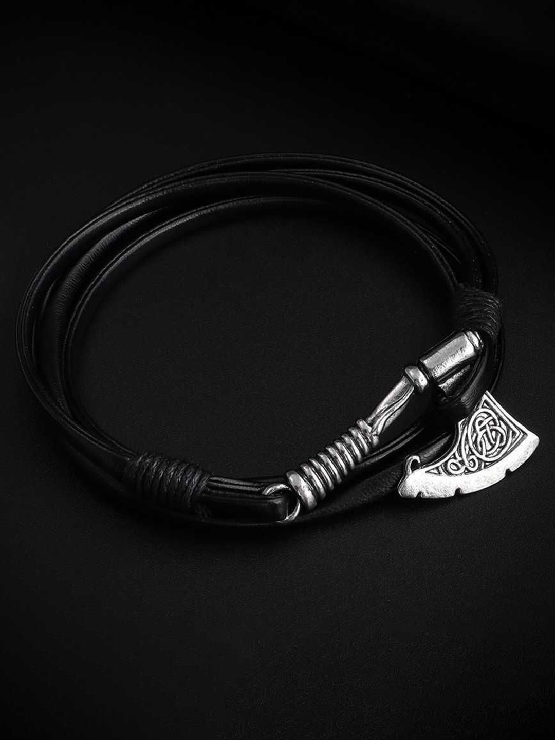 Bling Queen Silver Plated Multi Layered Axe Leather Rope Bracelet