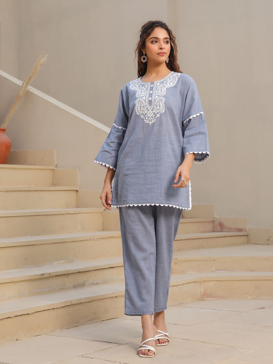 Rain & Rainbow Embroidered Pure Cotton Tunic With Trouser