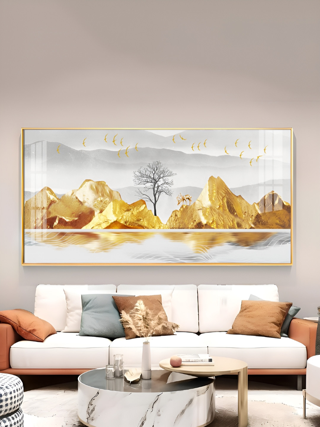 THE NEXT DECOR Golden Mountains And Birds Glass Finish Horizontal Wall Art