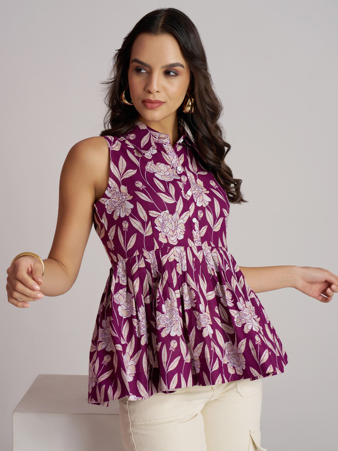 Purple Floral Print Shirt Collar Sleeveless Peplum Top