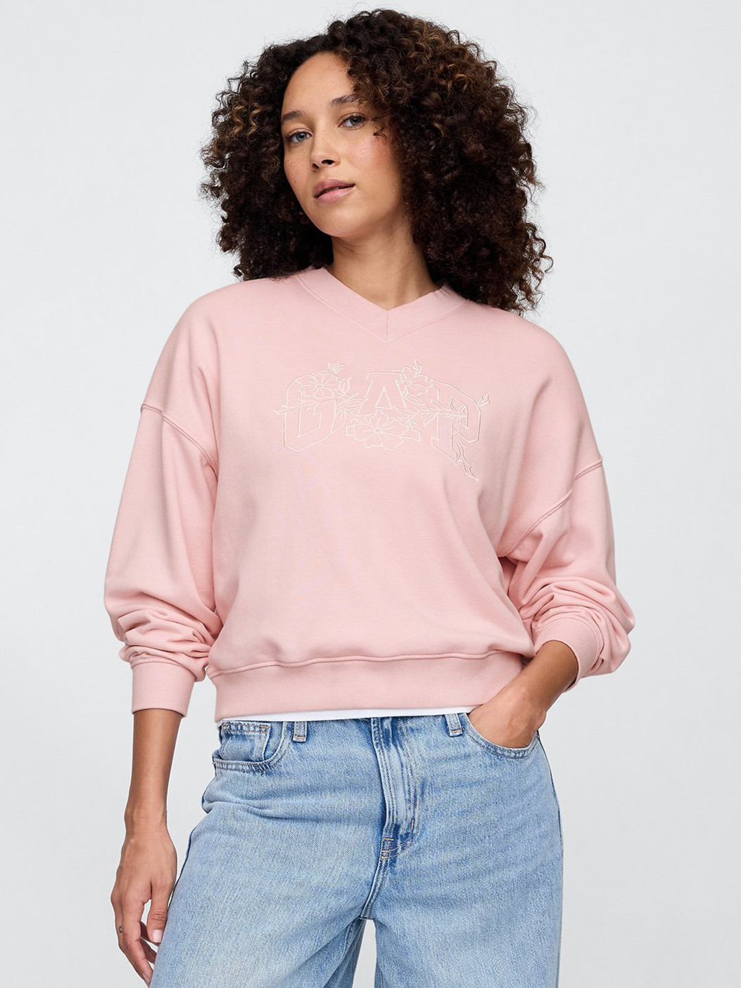 GAP Floral Logo Embroidered Drop-Shoulder Sleeves Sweatshirt