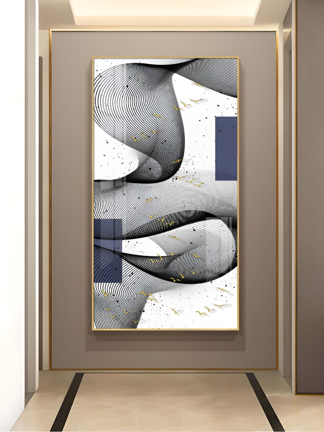 THE NEXT DECOR White & Grey Elegant Waves Glass Finish Vertical Wall Art