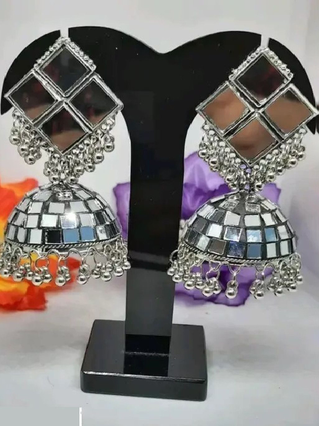 Sangria Silver-Plated Stoned and Beaded Oxidised Jhumkas Dome Shaped Earrings