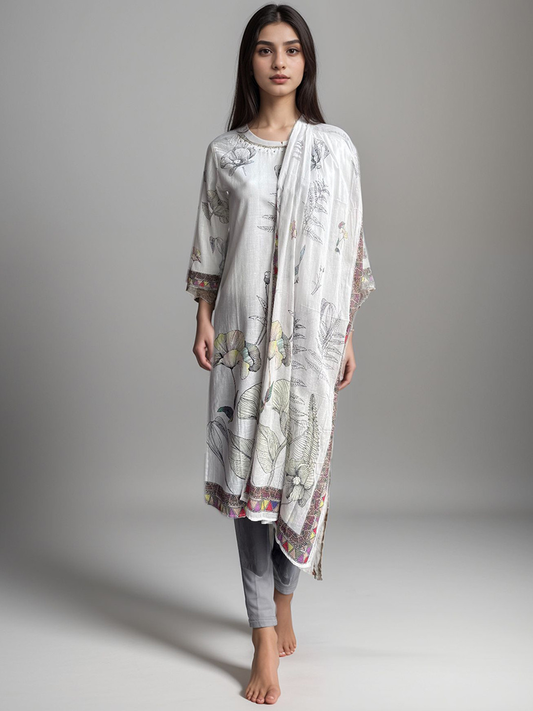 CUSTARD Women White Printed Pure Cotton Straight Kurta With Grey Trousers & Dupatta Set