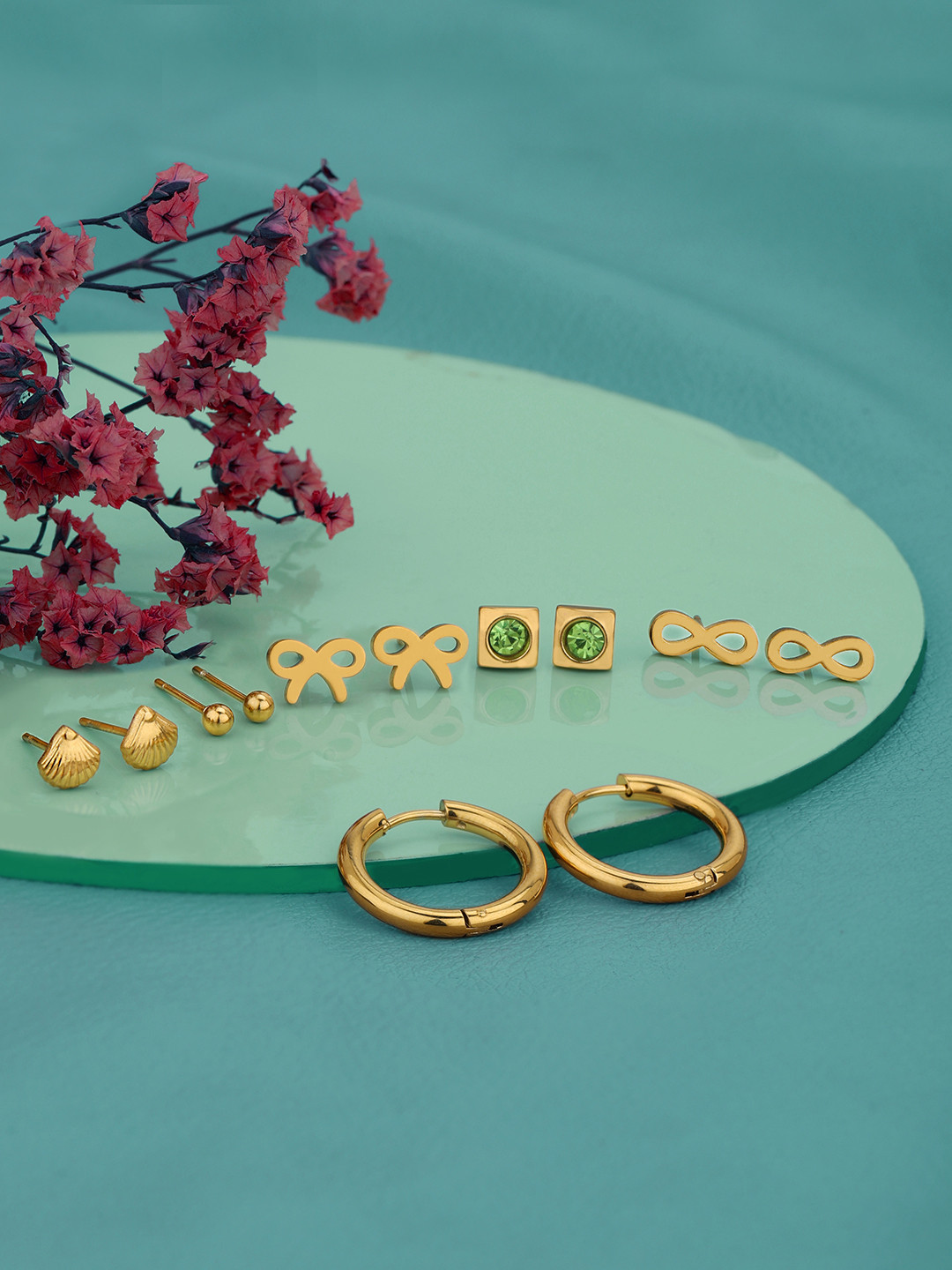 Carlton London Set of 6-18kt Gold Plated Stainless Steel Stud Hoop Earring Set