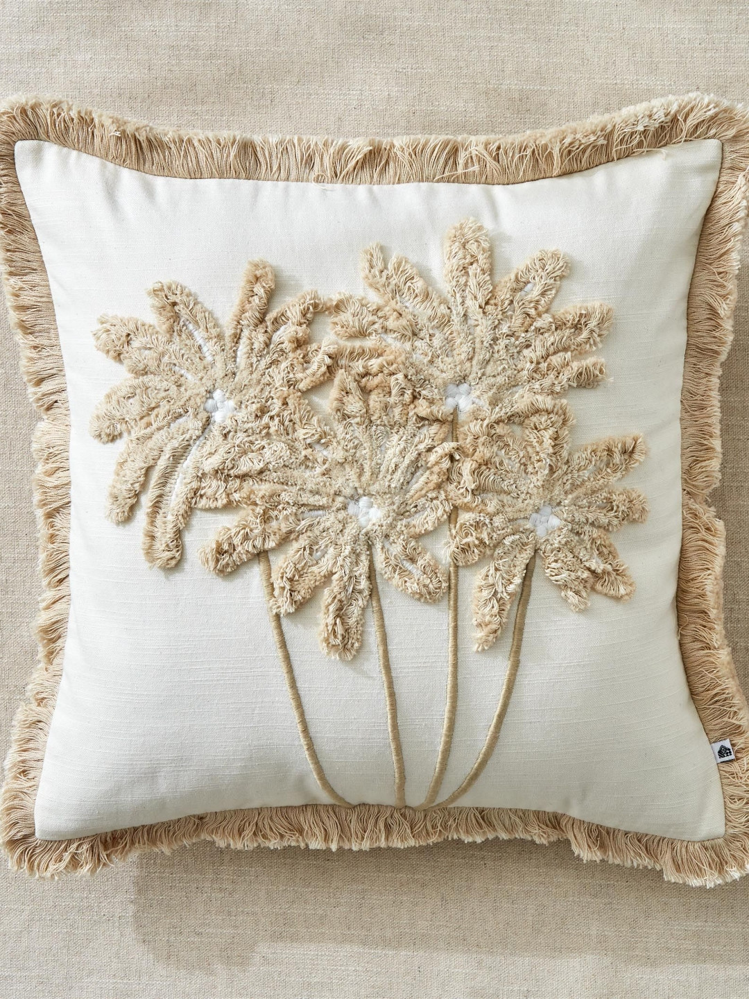 Home Centre Ashville Beige Embroidered Cotton Breathable Square Cushion Cover -15.7x15.7In