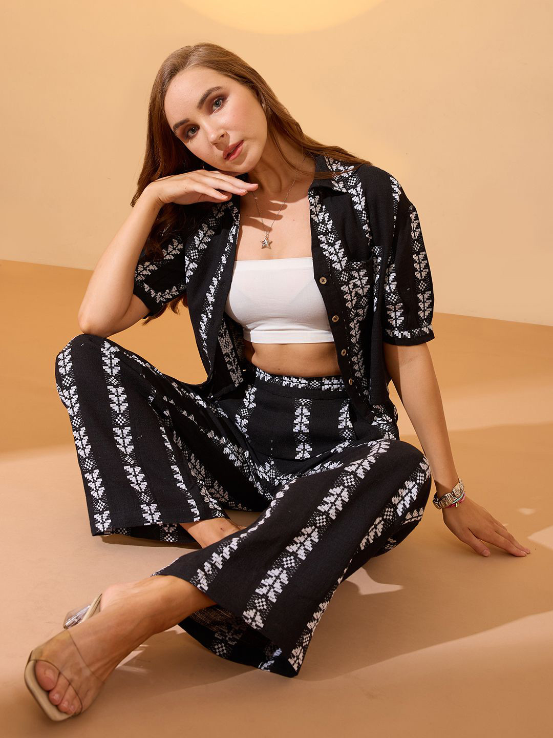 Globus Self Design Collared Neck Boxy Fit Crop Shirt With Trousers Resort Co-Ord Set
