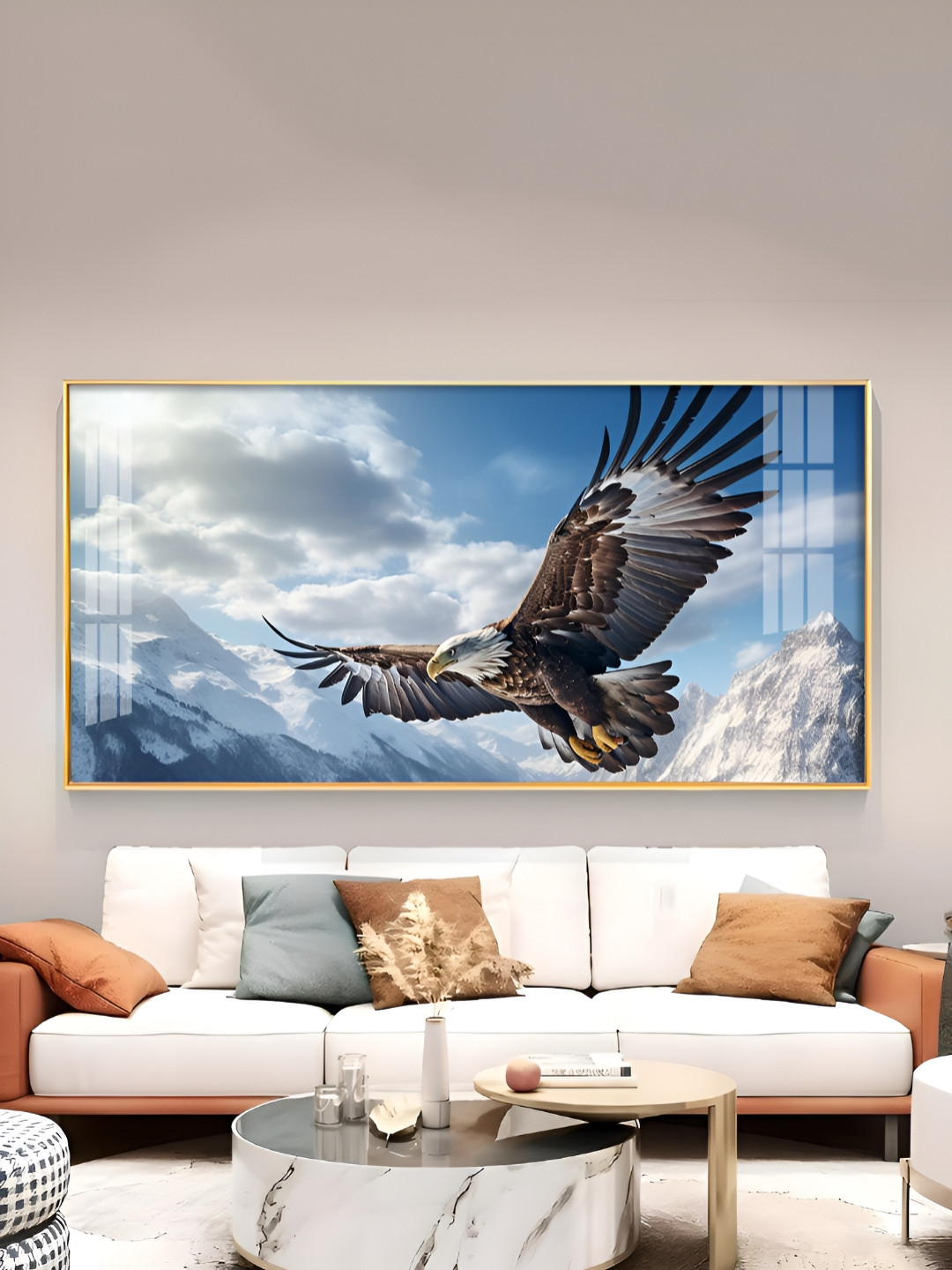 THE NEXT DECOR Gold-Colored & Brown Eagle Flying Glass Finish Horizontal Wall Art
