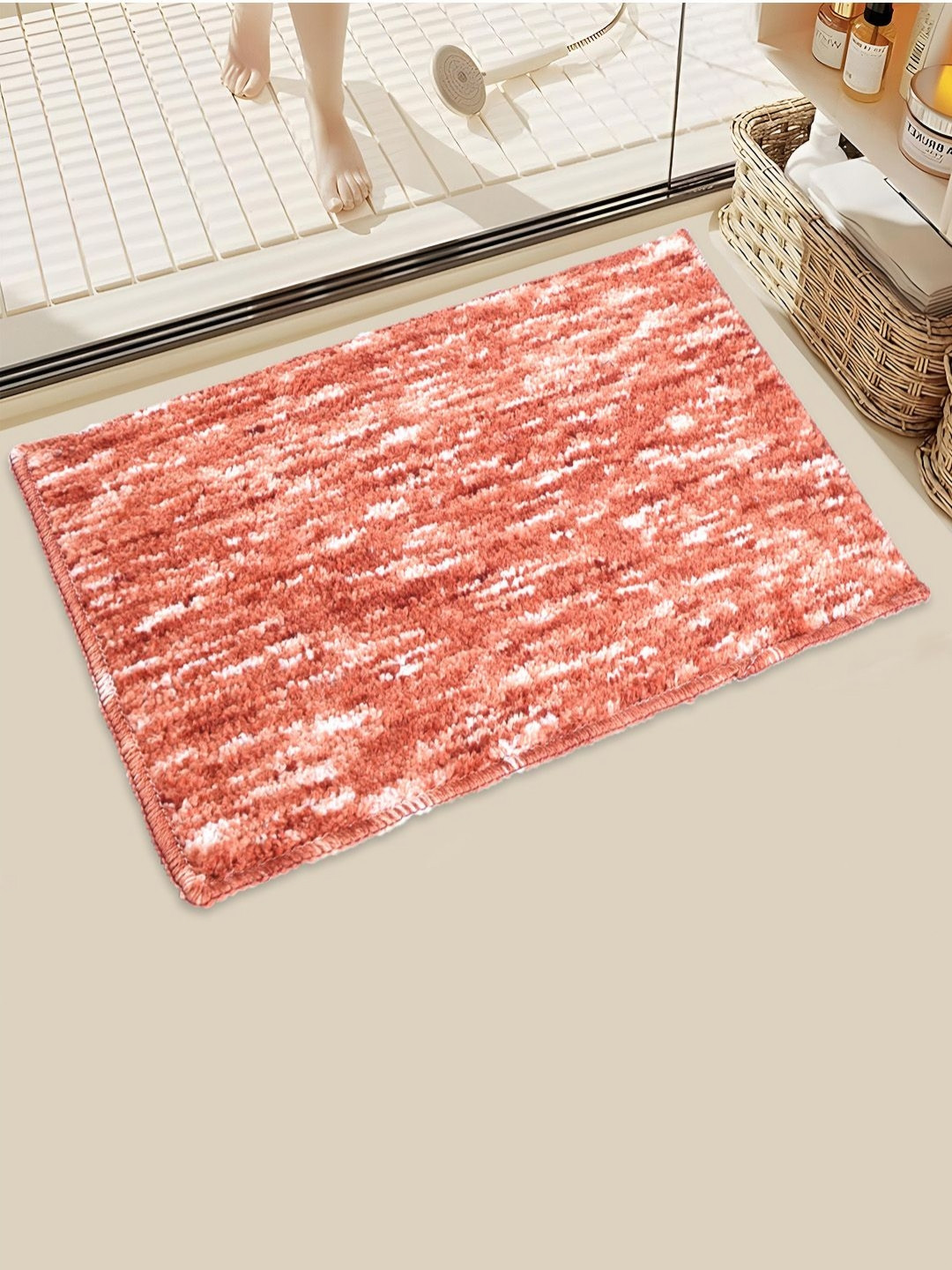 Aura Orange & White Color-Block Anti Skid Bath Rug