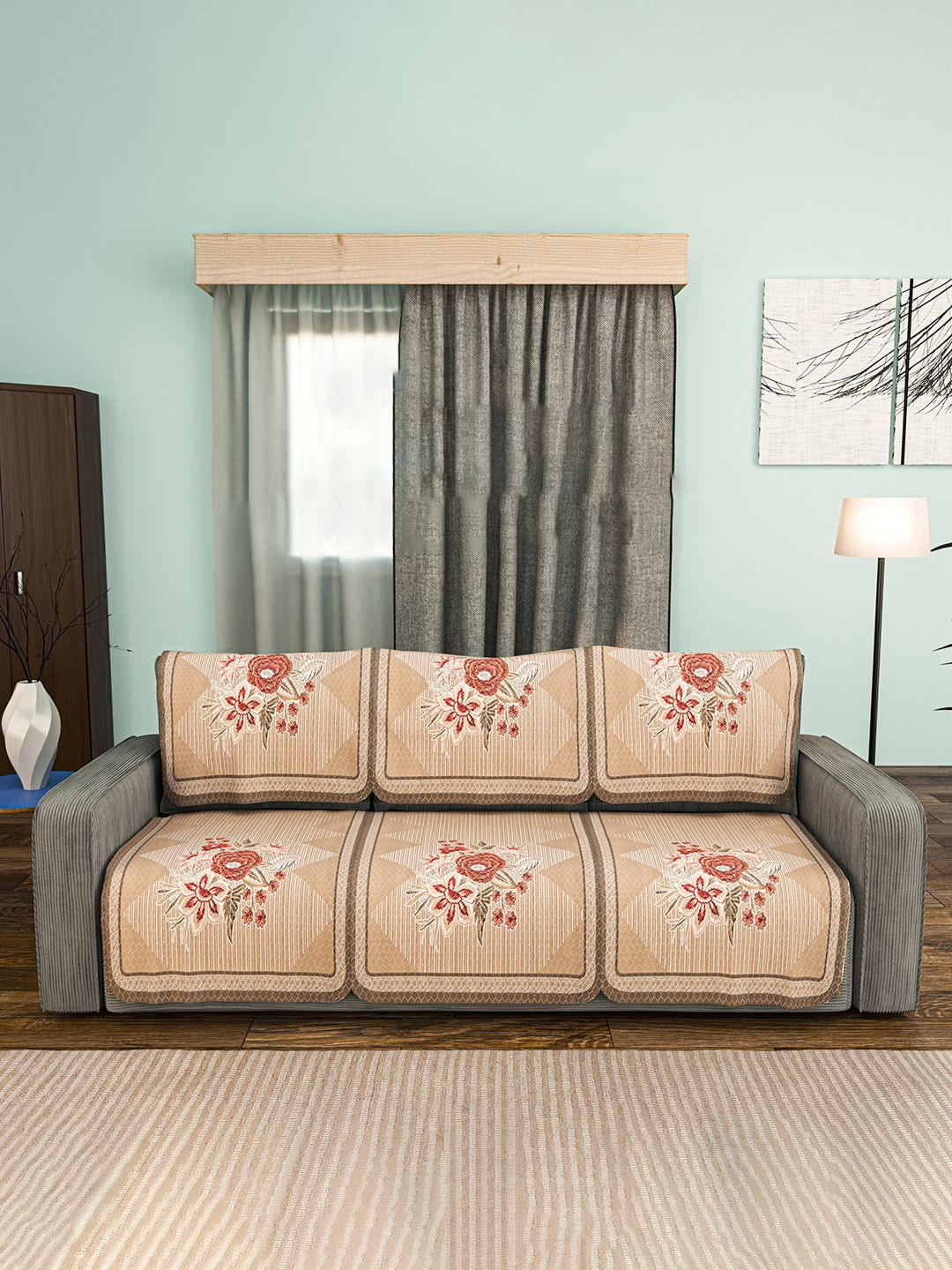 Kuber Industries 6 Pcs Brown Cotton Sofa Covers 3 Seater