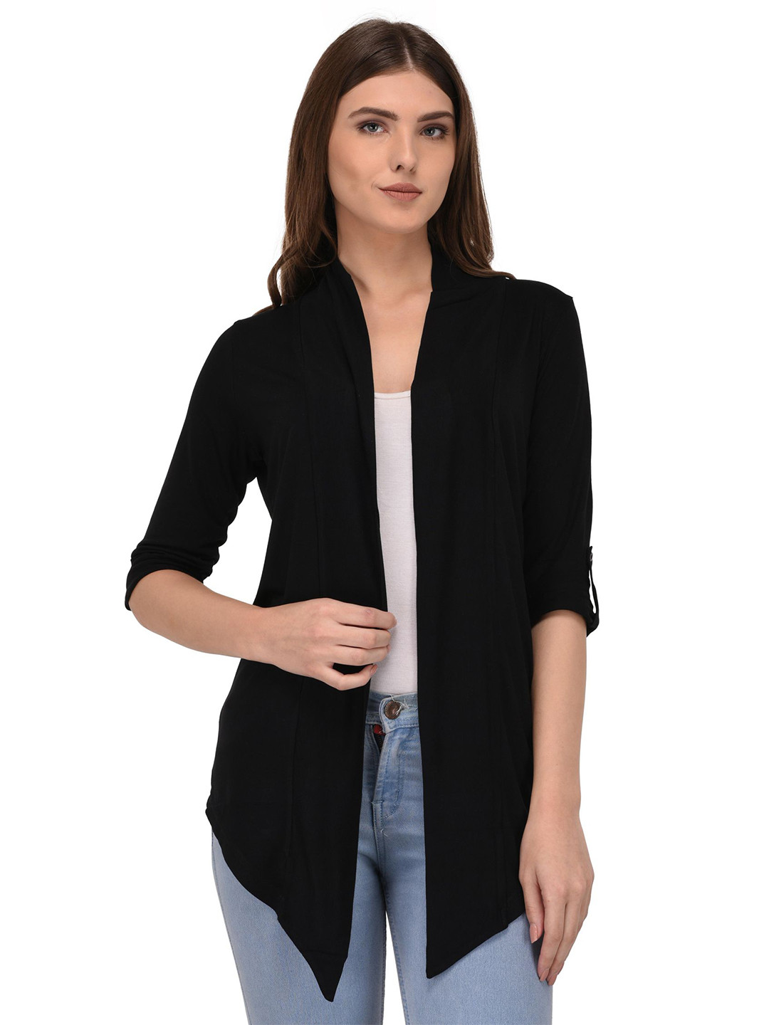 The Roadster Lifestyle Co Front Open Waterfall Shrug With Button Foldable Sleeves