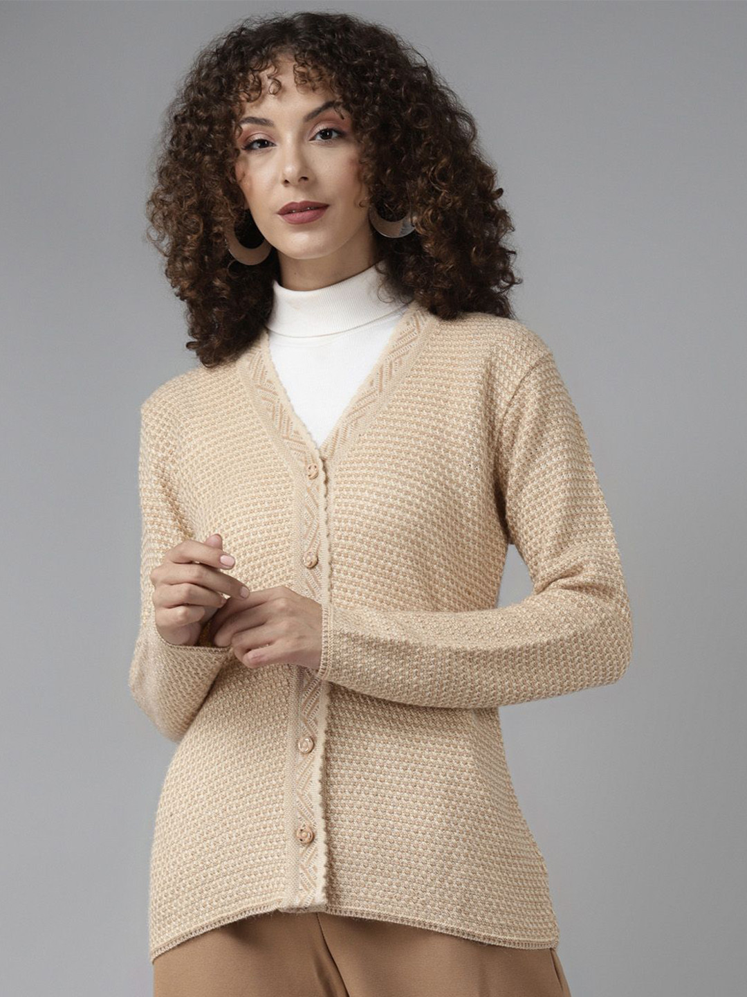 The Roadster Lifestyle Co Open Knit V-Neck Wool Cardigan Ribbed Sweater