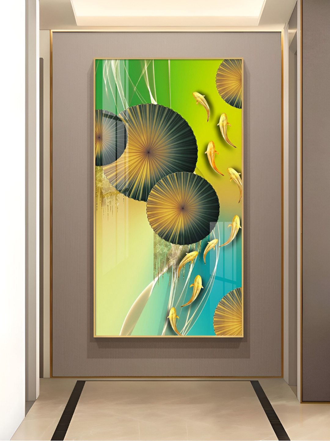 THE NEXT DECOR Green Emerald Oasis Koi Glass Finish Vertical Wall Art