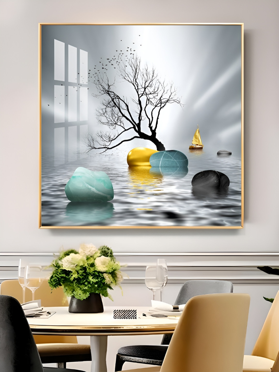 THE NEXT DECOR White & Black Tranquil Haven Glass Finish Square Wall Art