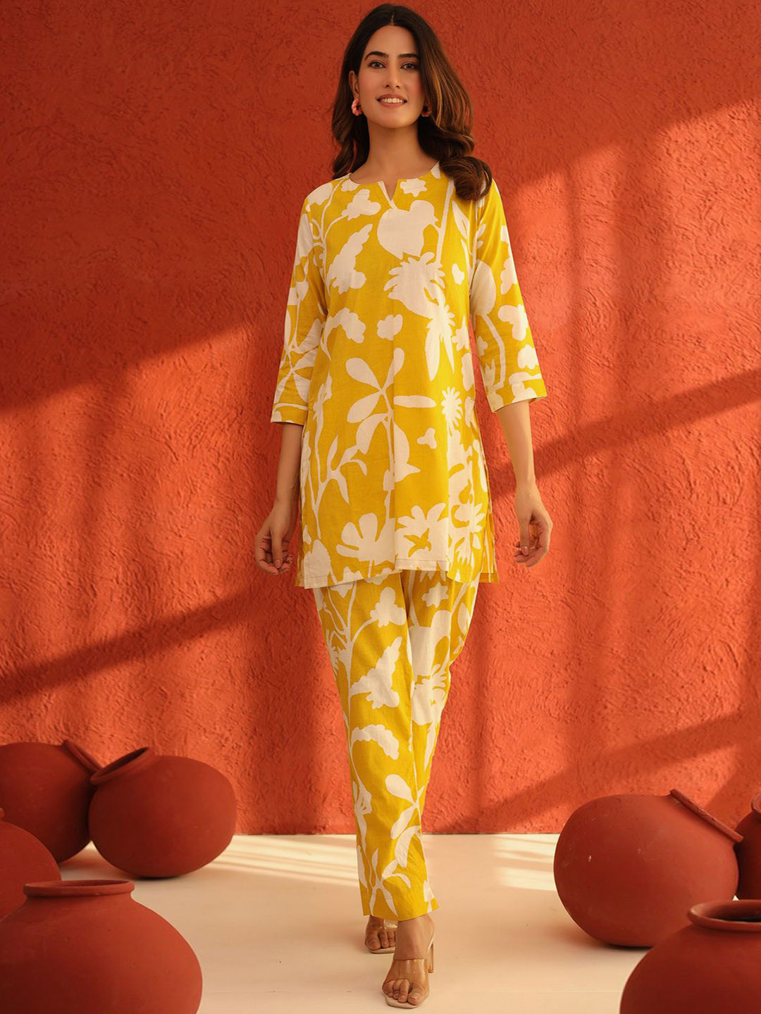 Mustard Floral Printed Cotton Tunic and Trousers Co-Ords