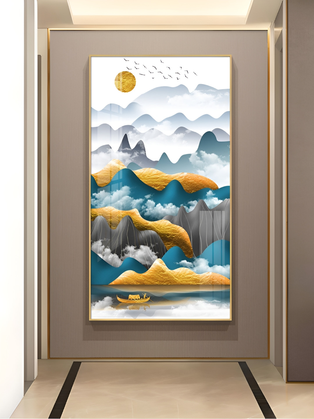 THE NEXT DECOR Mountains and Water Glass Finish Vertical Wall Art
