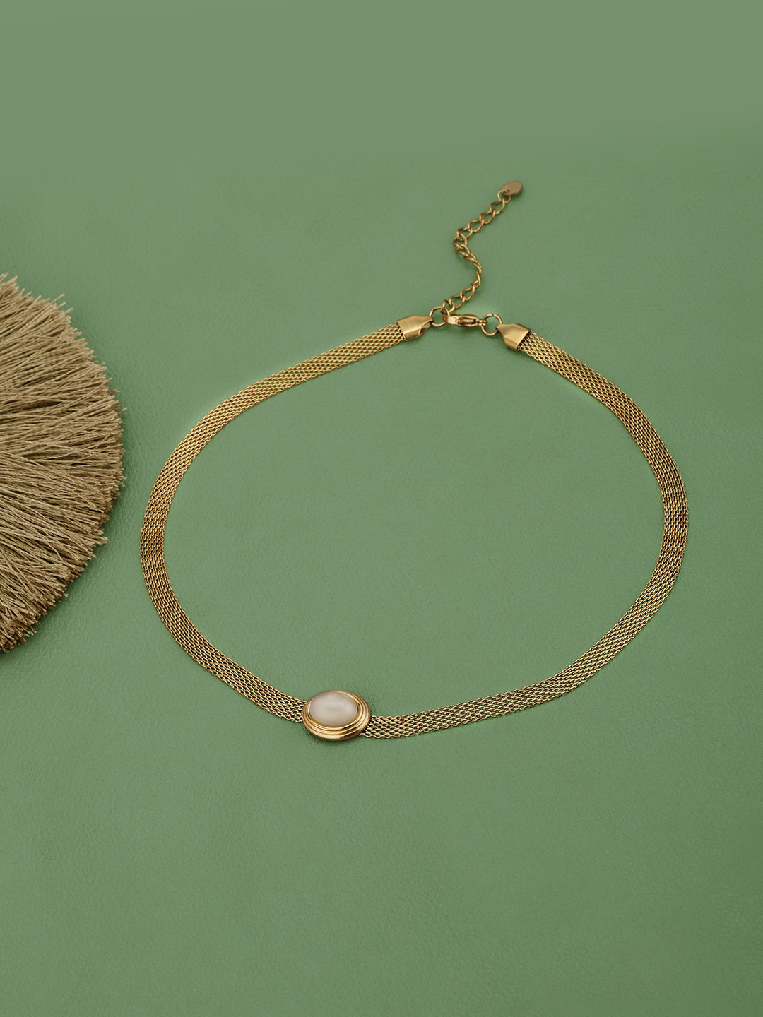 Carlton London 18kt Gold Plated Stainless Steel White Cat Eye Chain Necklace