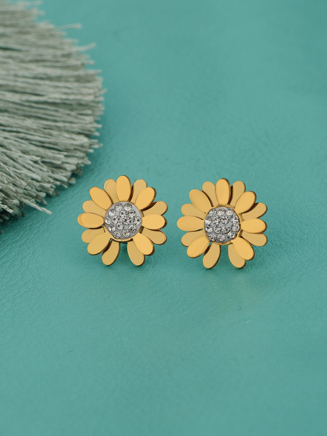 Carlton London 18kt Gold Plated Stainless Steel CZ Floral Stud Earring