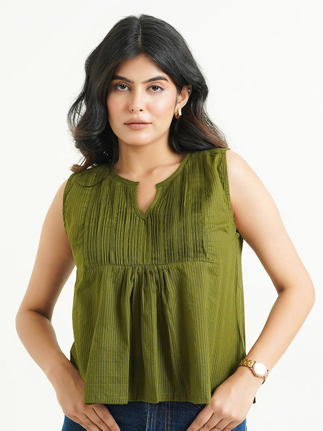 GOODHAND Women Solid V-Neck Sleeveless Cotton Top