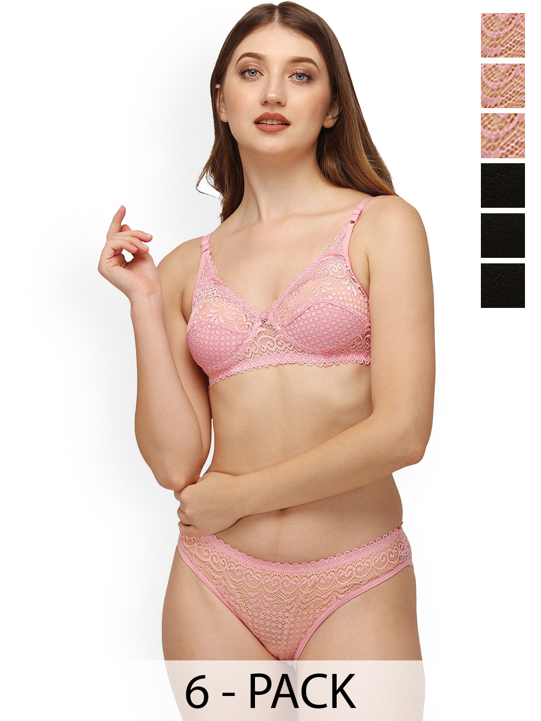 DHANDAI FASHION 6-Pcs Self Design Lingerie Sets Decent Set-Black Pnk (M-1-6P)