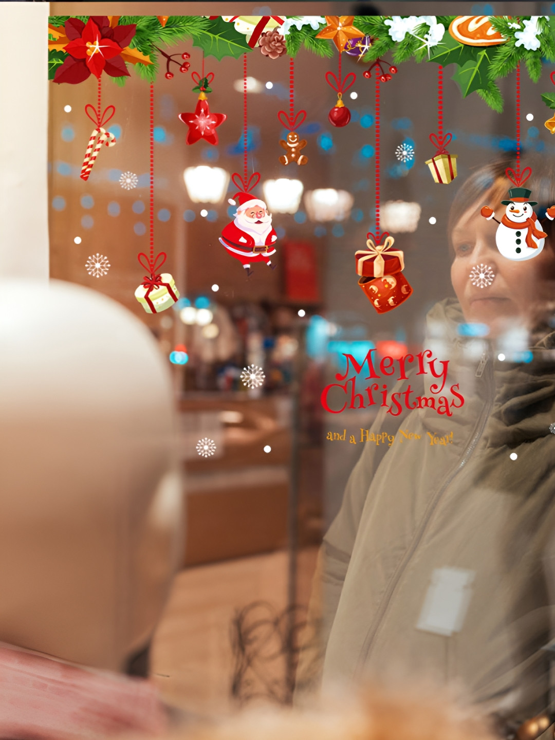 INDIAN ROYALS Red & Green Printed Waterproof Christmas Themed Cartoon Wreath Wall Sticker