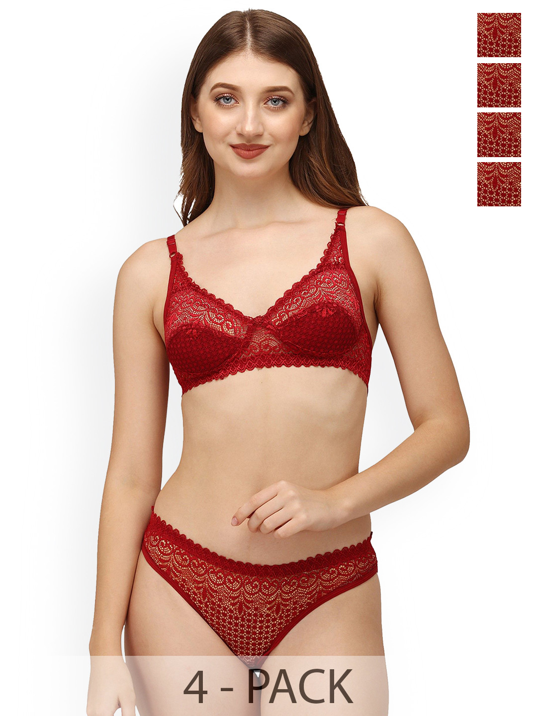 DHANDAI FASHION 4-Pcs Self Design Lingerie Sets Decent Set-Maroon (M-1-4P)