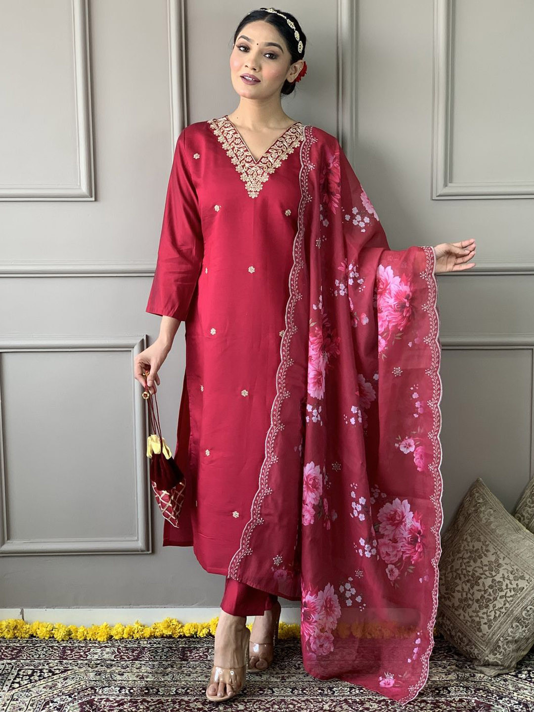 Moda Rapido Floral Embroidered V-Neck Sequinned Chanderi Silk Kurta Trousers & Dupatta