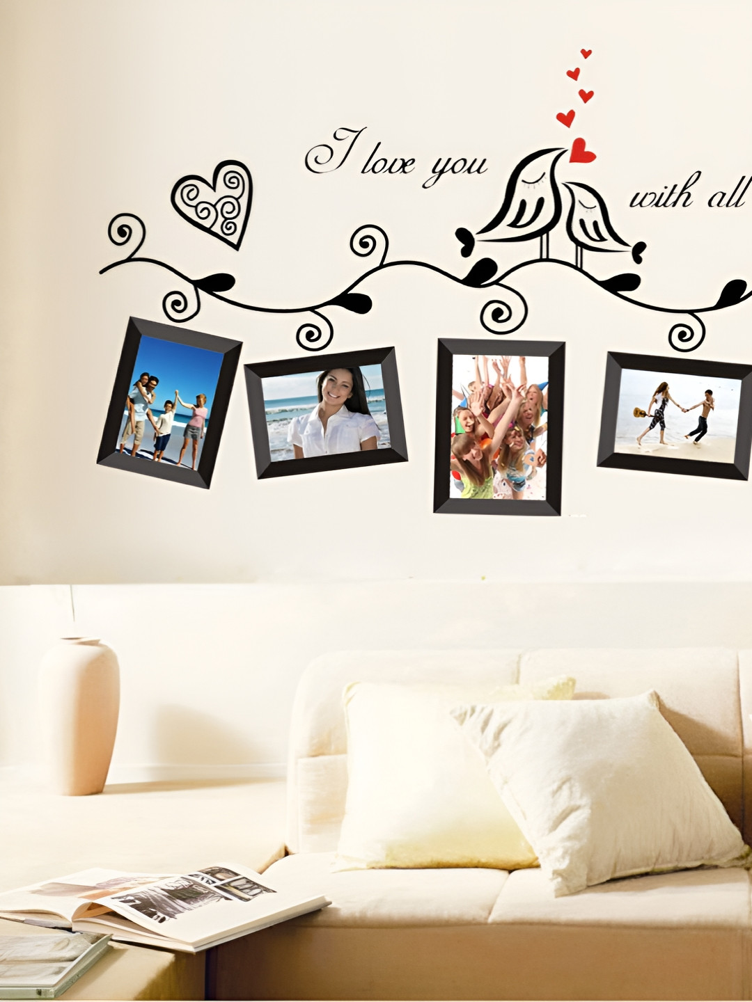 INDIAN ROYALS Black Printed Waterproof Love Birds Photo Frame Art Design Wall Sticker