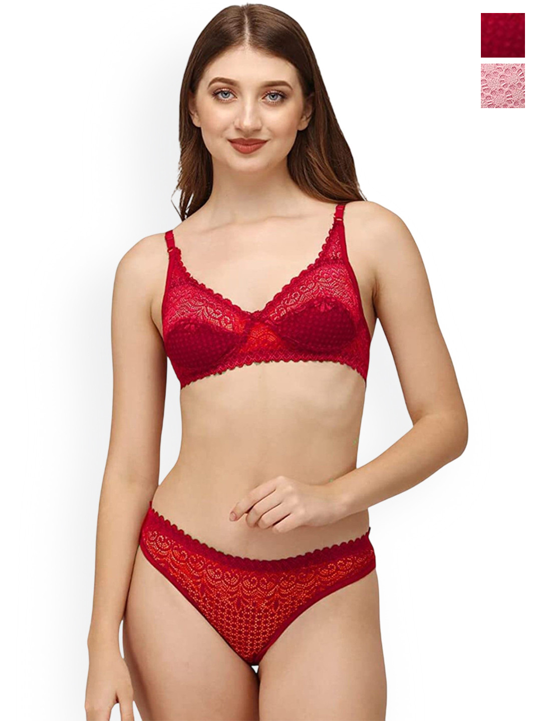DHANDAI FASHION 2-Pcs Self Design Lingerie Sets Decent Set-Pink Red (M-1-2P)