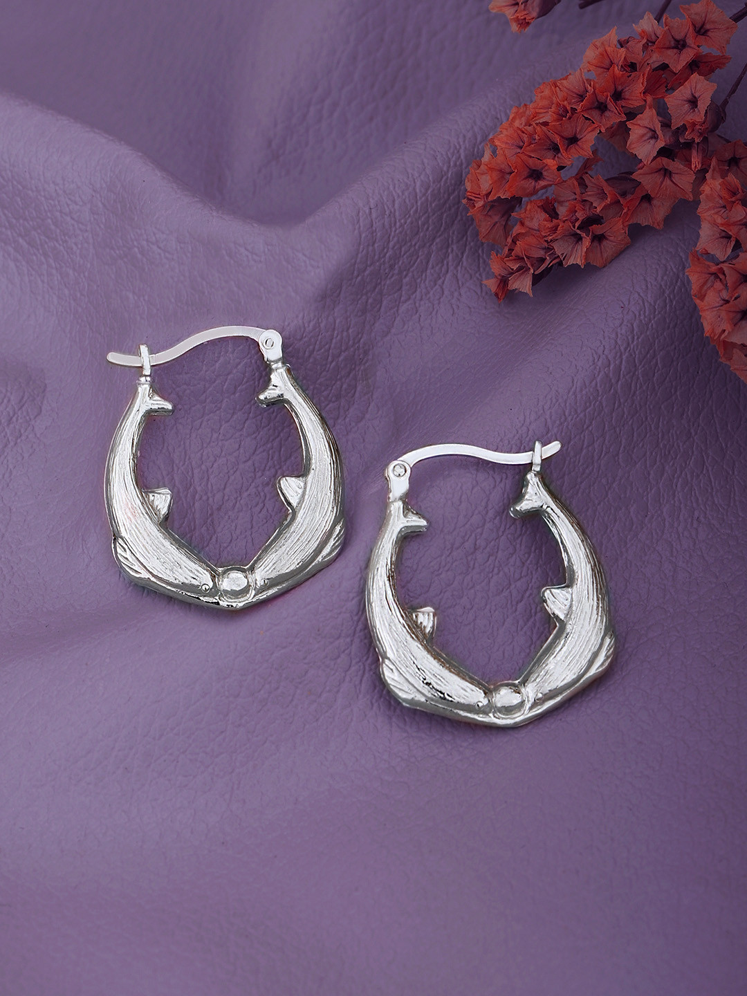 Carlton London Rhodium Plated Twin Dolphin Hoop Earring