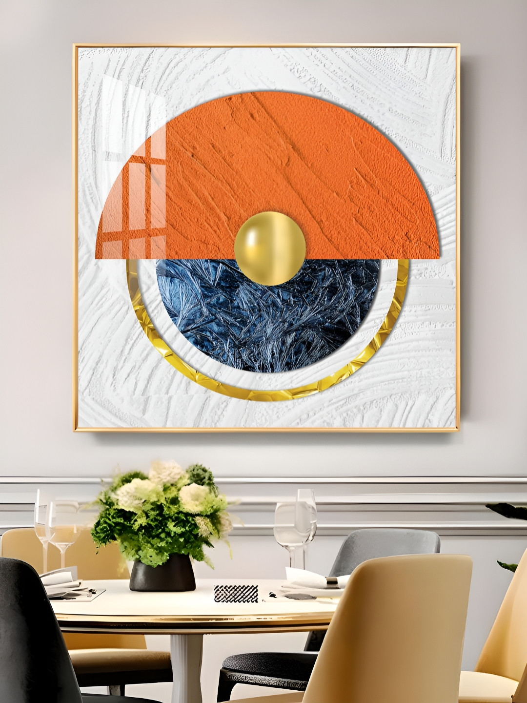 THE NEXT DECOR Orange Coloured & Blue Luminous Wave Glass Finish Wooden Square Wall Art