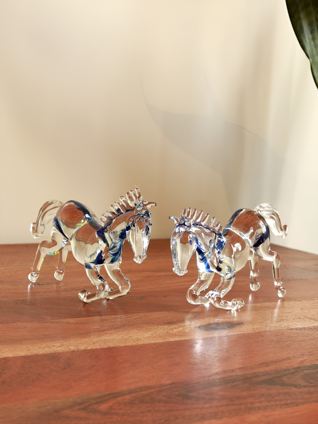 Unravel India Rearing Glass Horse Duo Transparent Glass Glossy Living Room Set of 2 Small Showpieces - 6.3 Inches
