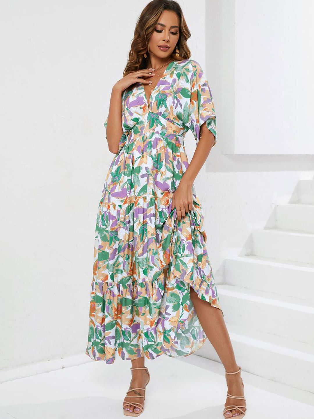 bebe Floral Print Plunge V-Neck Kimono Sleeve Tiered Slit Maxi Dress
