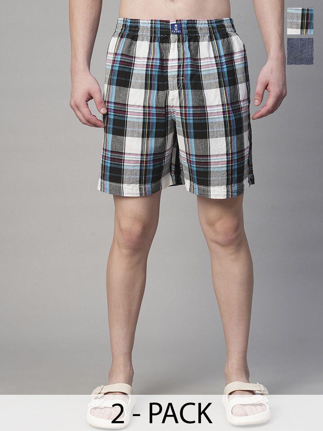 PRONK Pack Of 2 Checked Cotton Boxers TM-BC2-012-BLU-S