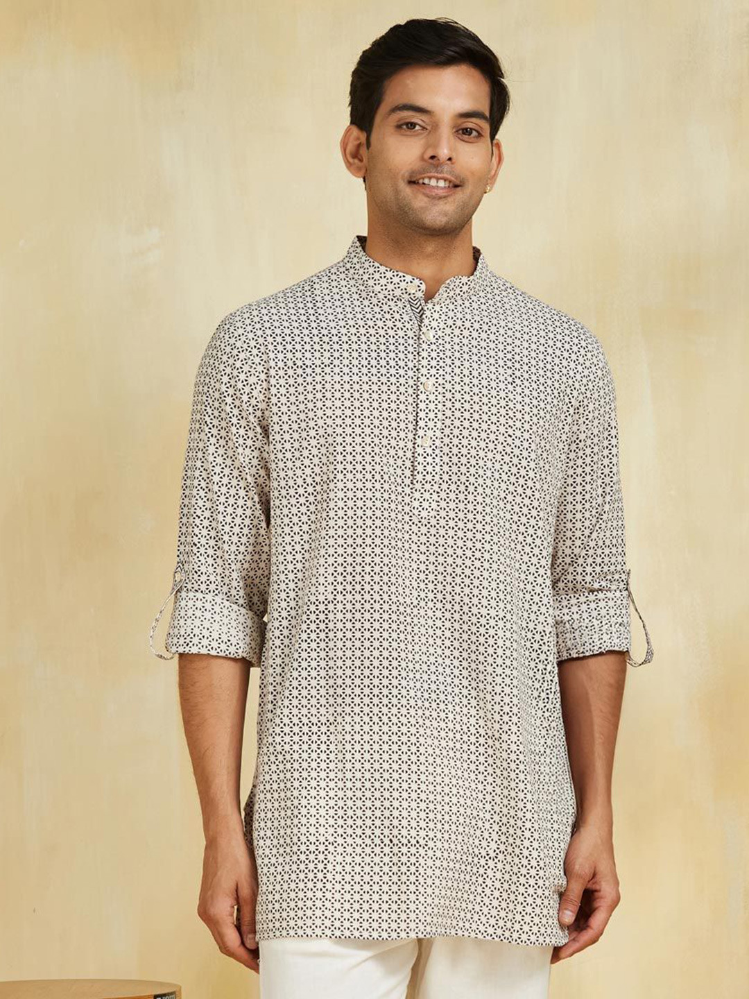 Fabindia Geometric Bagh Printed Band Collar Roll-Up Sleeves Cotton Straight Short Kurta