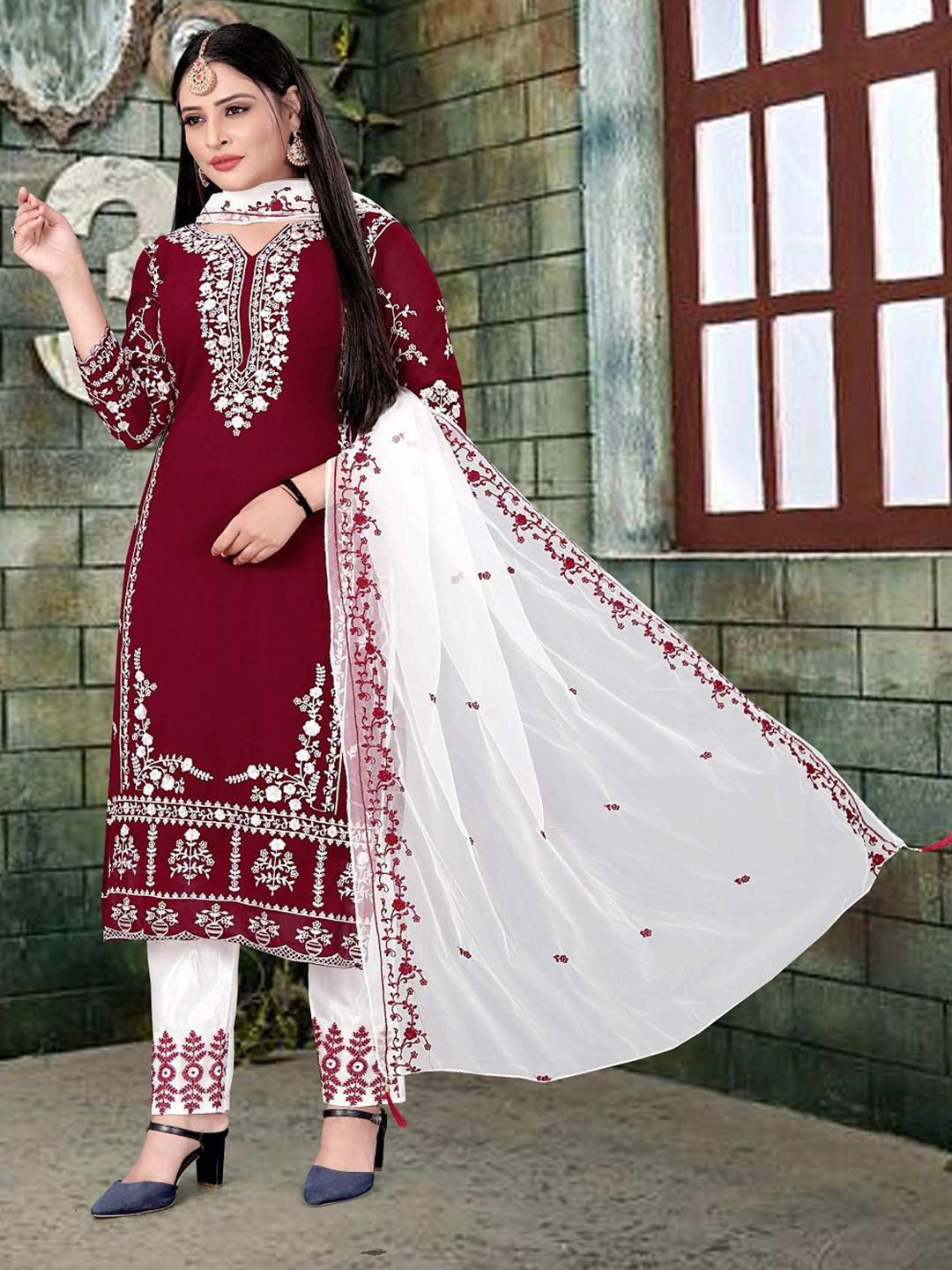 ZONFAB Embroidered Semi-Stitched Dress Material