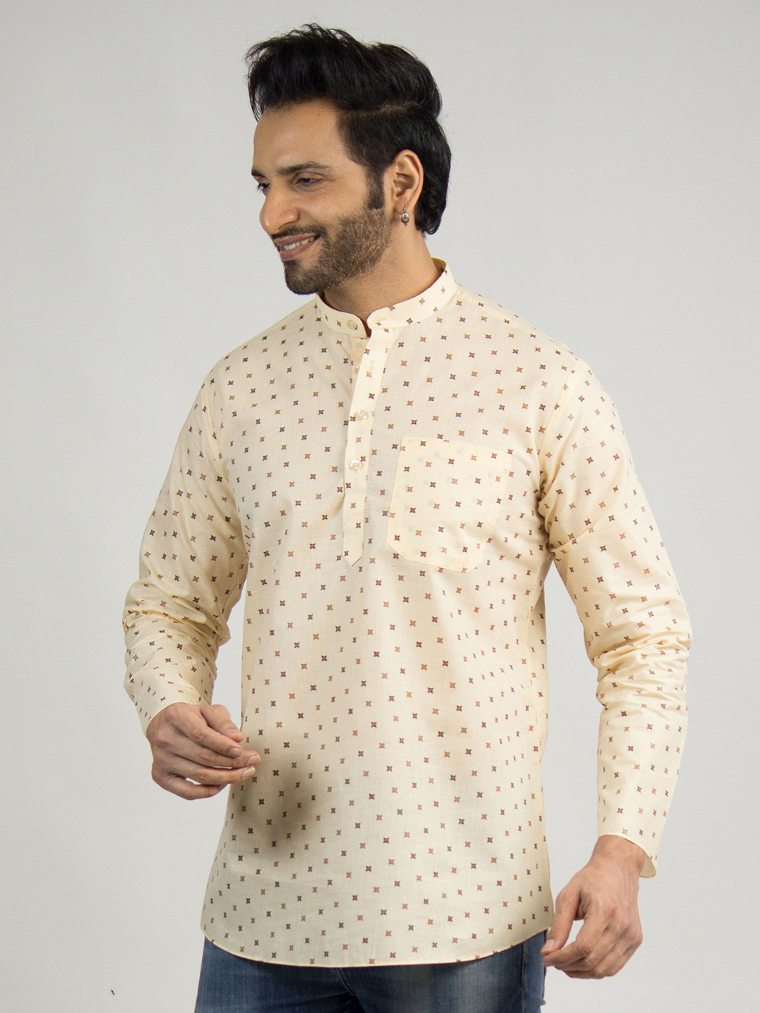 DEVOILER Geometric Printed Band Collar Straight Short Kurta